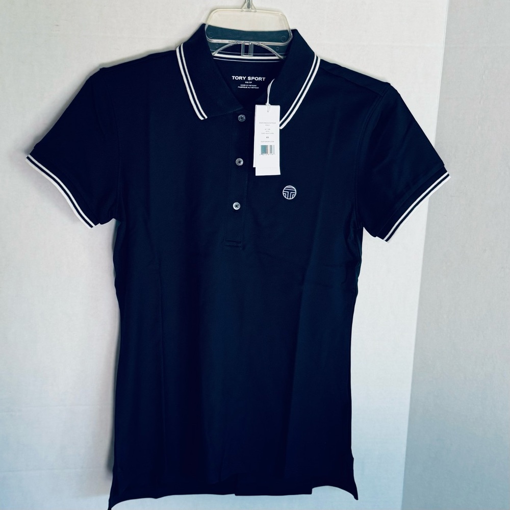 Tory Burch Navy With Striped Collar Performance Pique Polo Size XS NWT 17198